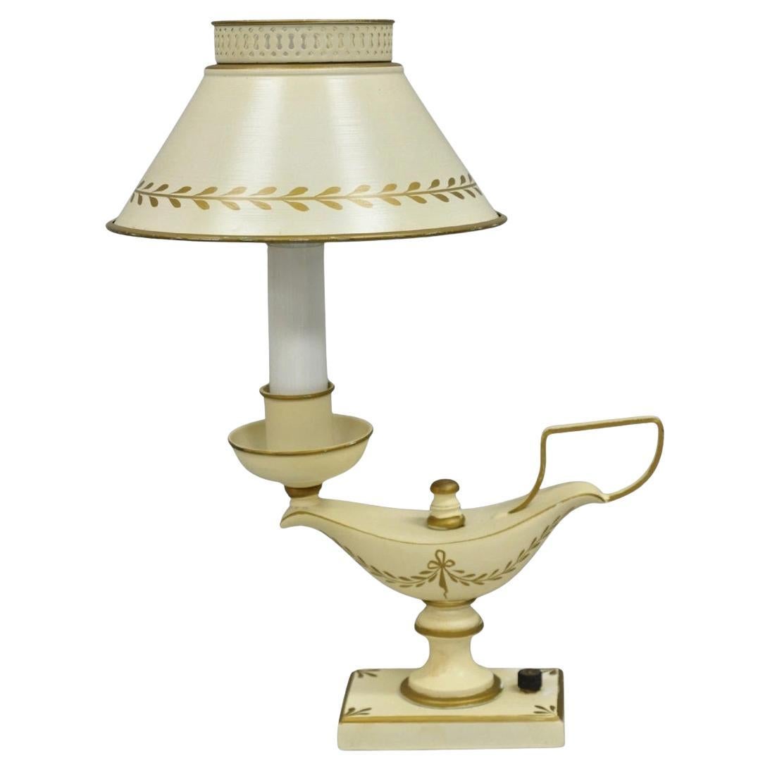 Vintage Französisch Land Weiß Gold Kleine Genie Laterne Tole Bouillotte Schreibtischlampe im Angebot