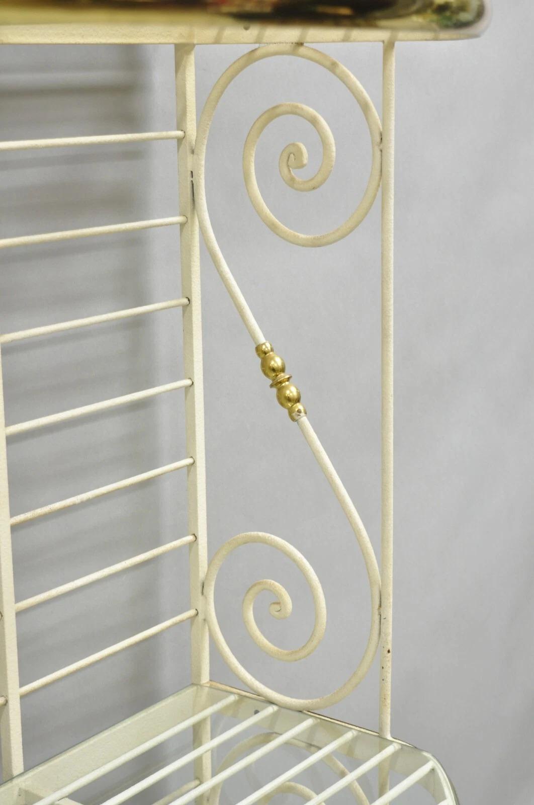Vintage French Country White Wrought Iron & Brass 3 Tier Pastry Bakers Rack in vendita 4