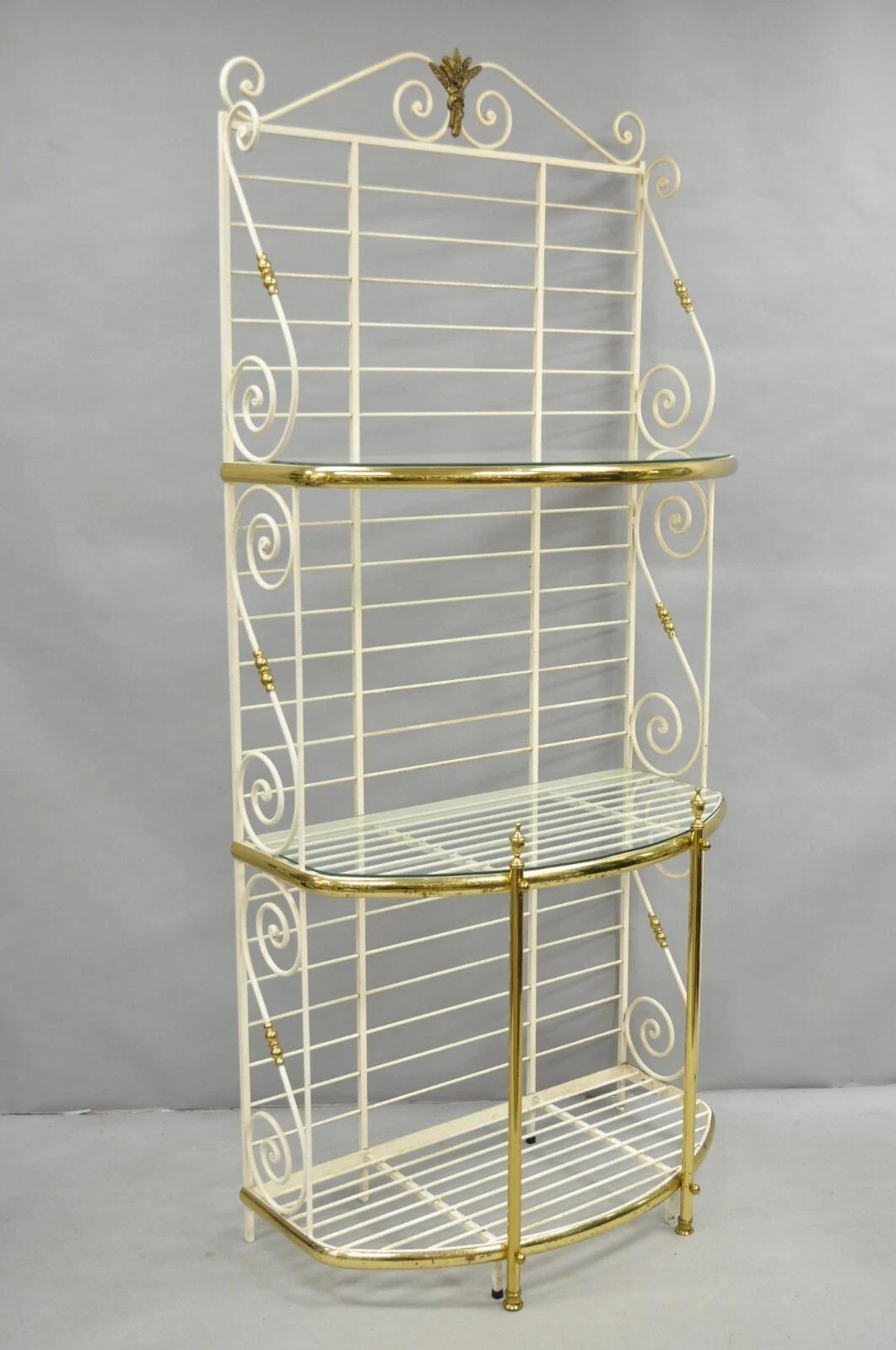 Vintage French Country White Scrolling Wrought Iron & Brass 3 Tier (2 Glass Shelves) Pastry Bakers Rack. Circa Late 20th Century. Measurements: 82.5