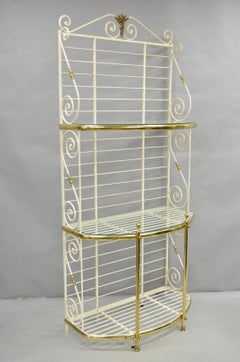Vintage French Country White Wrought Iron & Brass 3 Tier Pastry Bakers Rack
