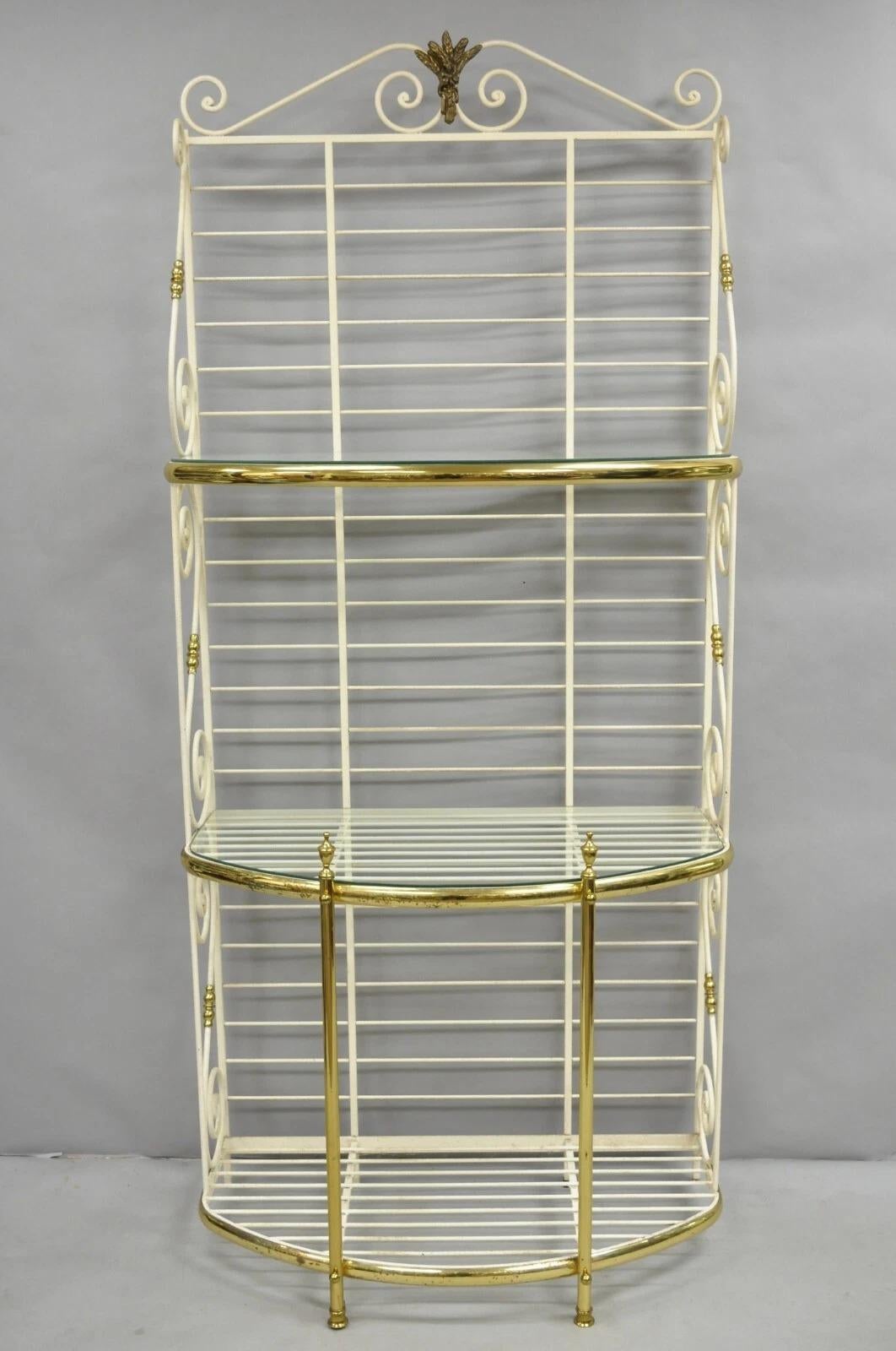 Altro Vintage French Country White Wrought Iron & Brass 3 Tier Pastry Bakers Rack in vendita