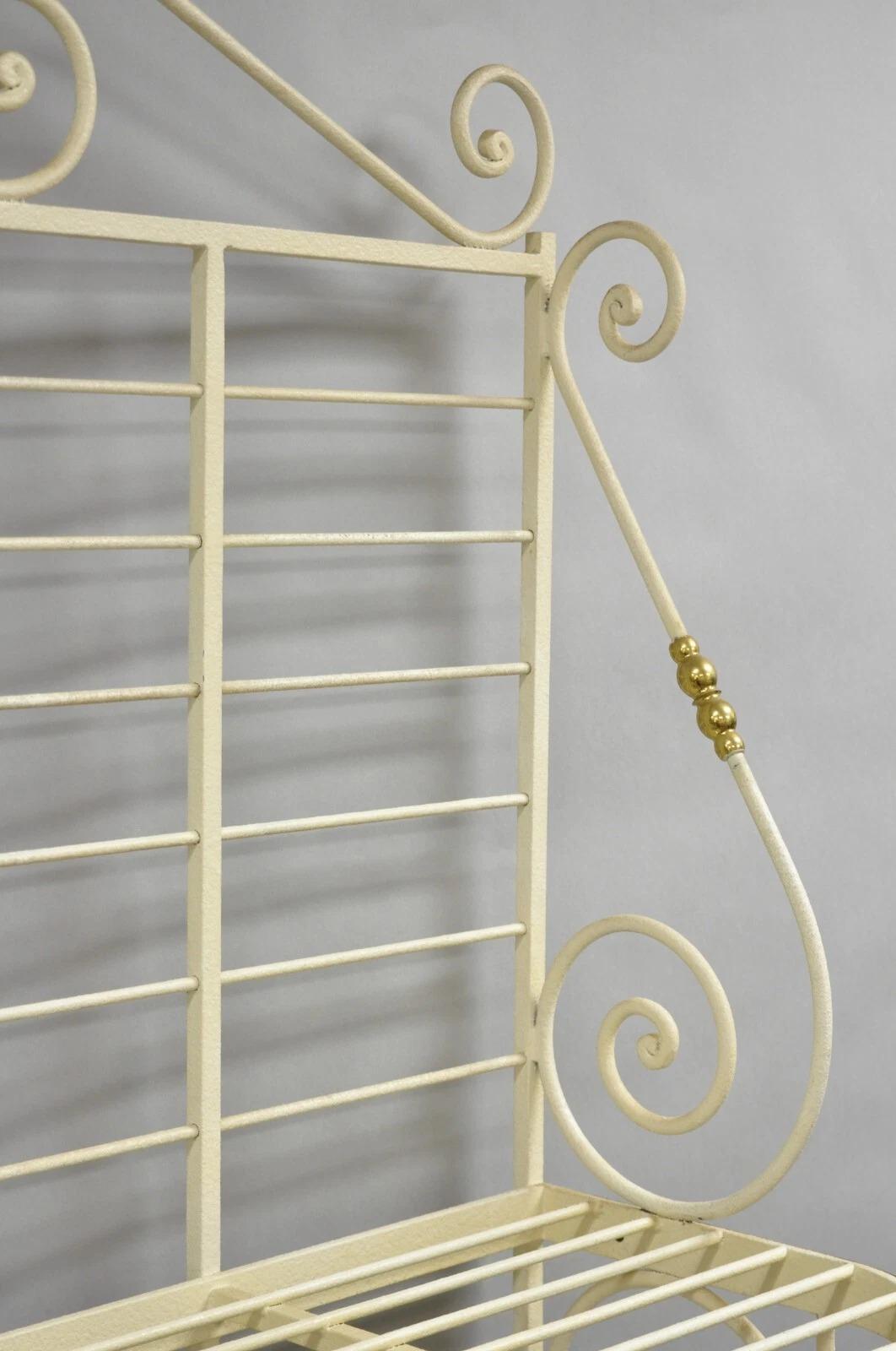 XX secolo Vintage French Country White Wrought Iron & Brass 3 Tier Pastry Bakers Rack in vendita