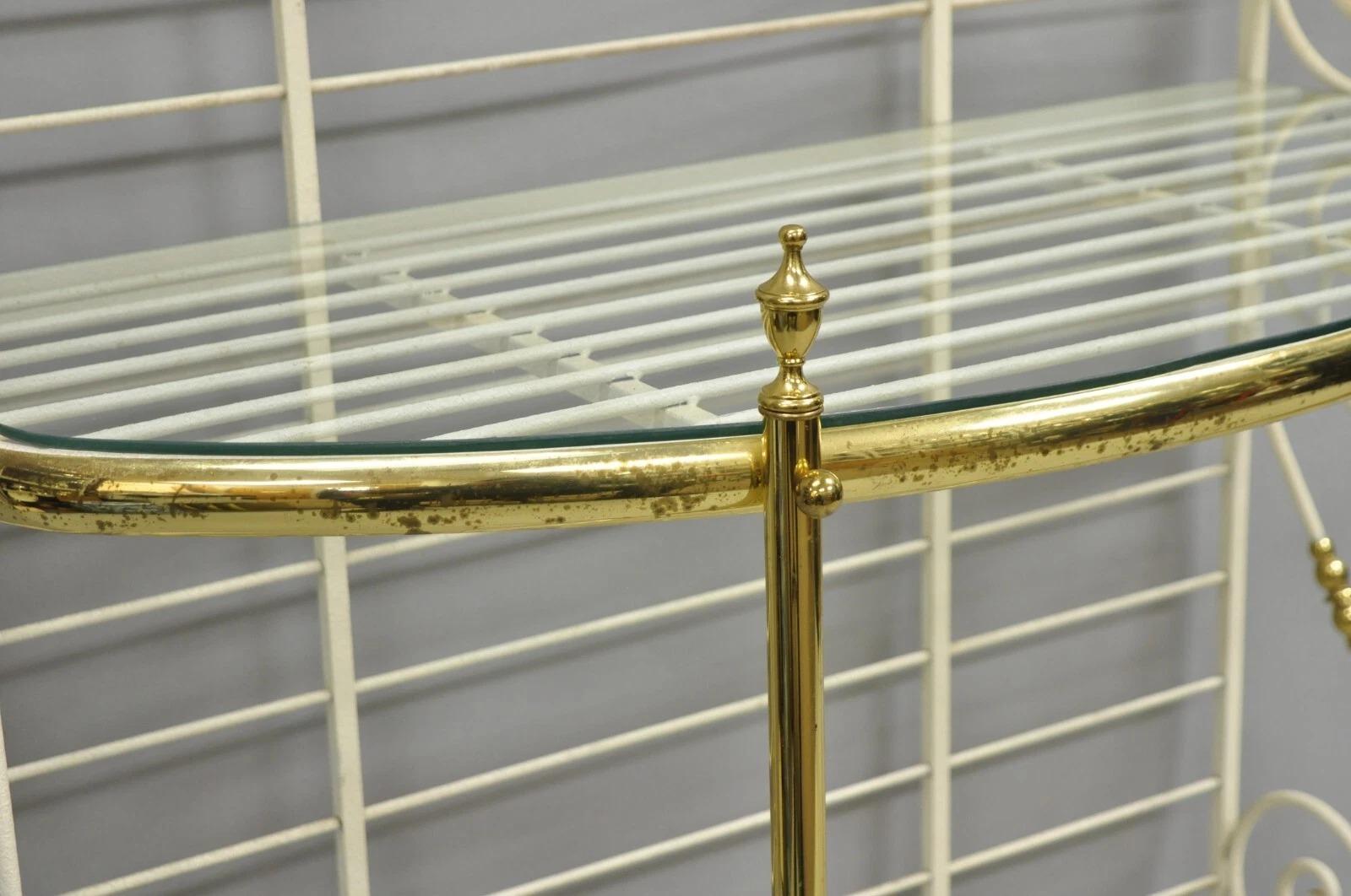 Ottone Vintage French Country White Wrought Iron & Brass 3 Tier Pastry Bakers Rack in vendita