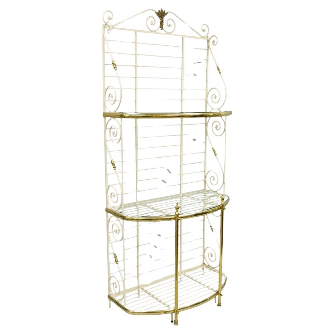 Vintage French Country White Wrought Iron & Brass 3 Tier Pastry Bakers Rack