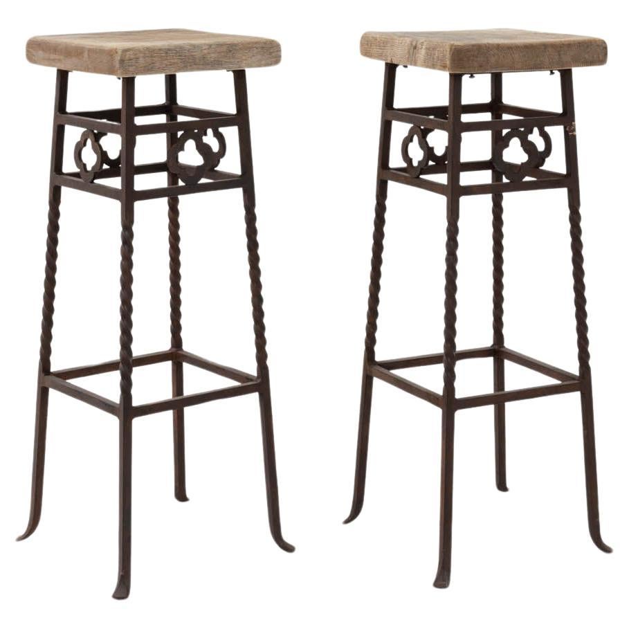 Vintage French Country Wrought Iron Bar Stools, a Pair