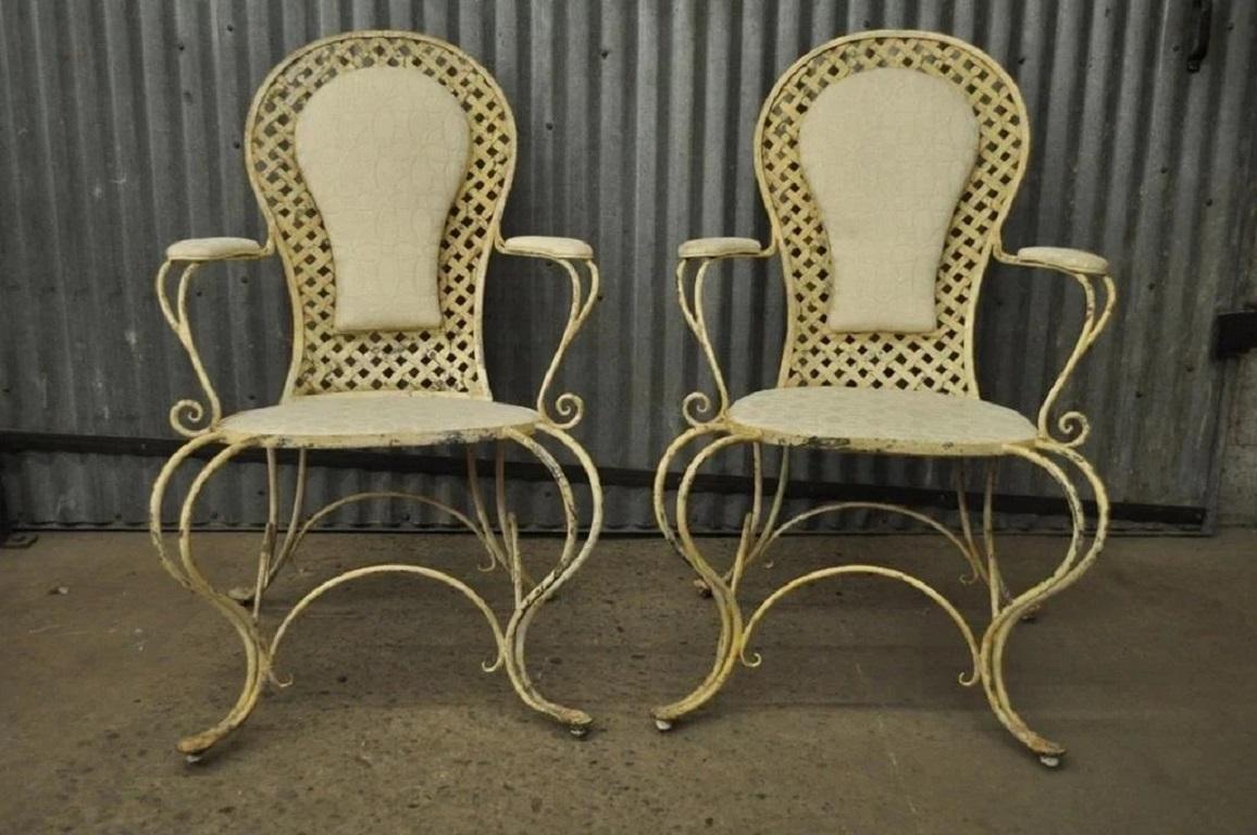 Vintage French Country Wrought Iron Lattice Scrolling Arm Chairs (A) - Pair For Sale 4