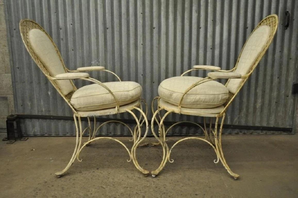 Vintage French Country Wrought Iron Lattice Scrolling Arm Chairs (A) - Pair For Sale 2