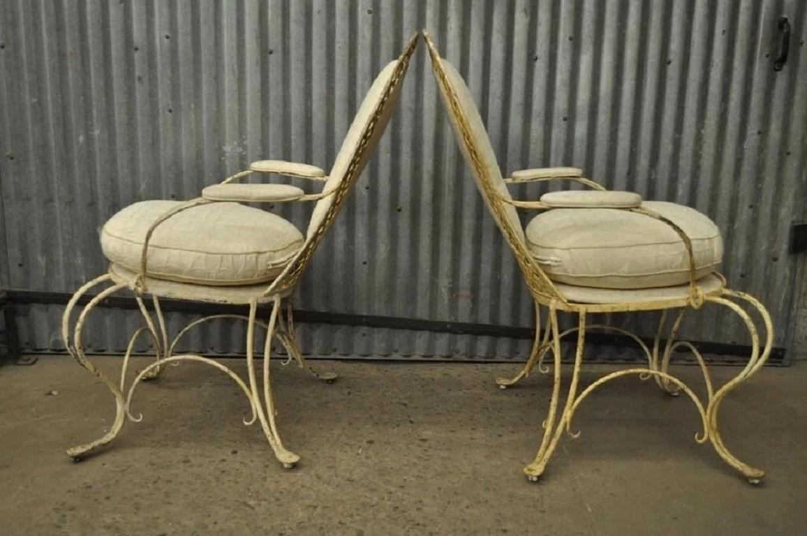 Vintage French Country Wrought Iron Lattice Scrolling Arm Chairs (A) - Pair For Sale 3