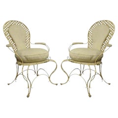 Vintage French Country Wrought Iron Lattice Scrolling Arm Chairs (A) - Pair