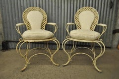 Vintage French Country Wrought Iron Lattice Scrolling Arm Chairs (B) - Pair
