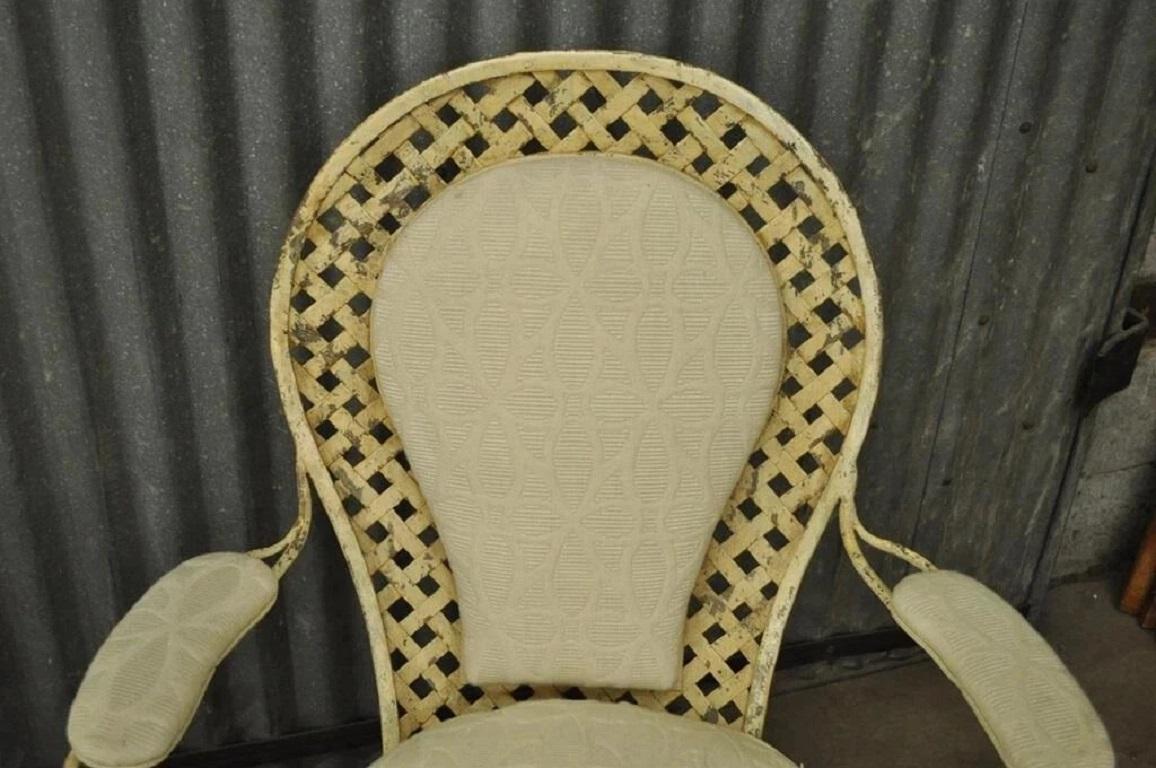 Autre Vintage French Country Wrought Iron Lattice Scrolling Arm Chairs (B) - Pair en vente