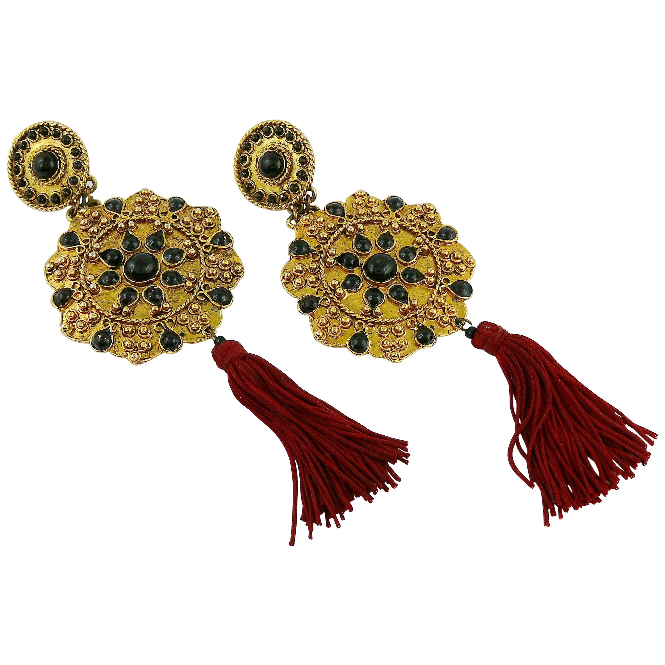 Vintage French Couture Asian Inspired Shoulder Duster Tassel Dangling Earrings