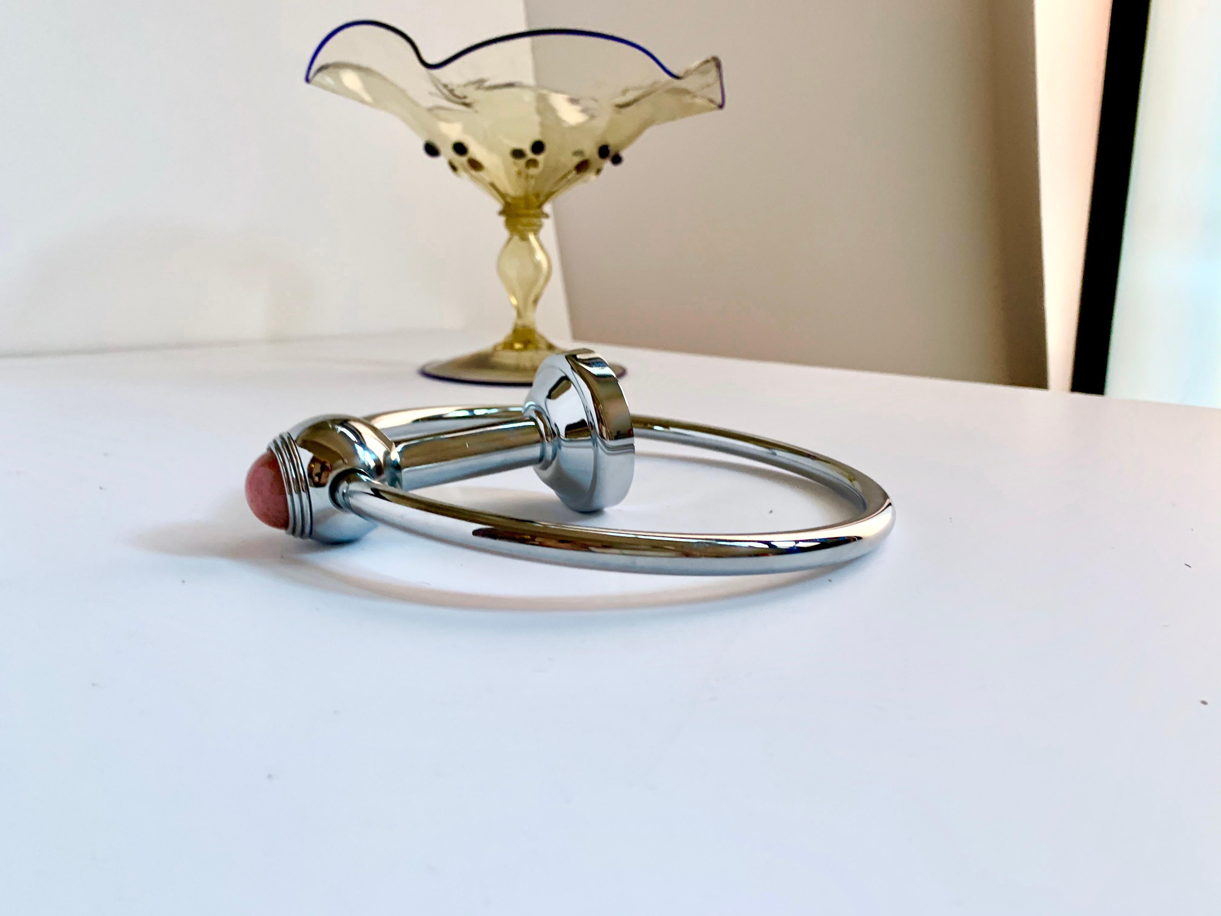 Modern Vintage French Couture Chromed Bronze & Pink Onyx Towel Ring by Serdaneli Paris For Sale