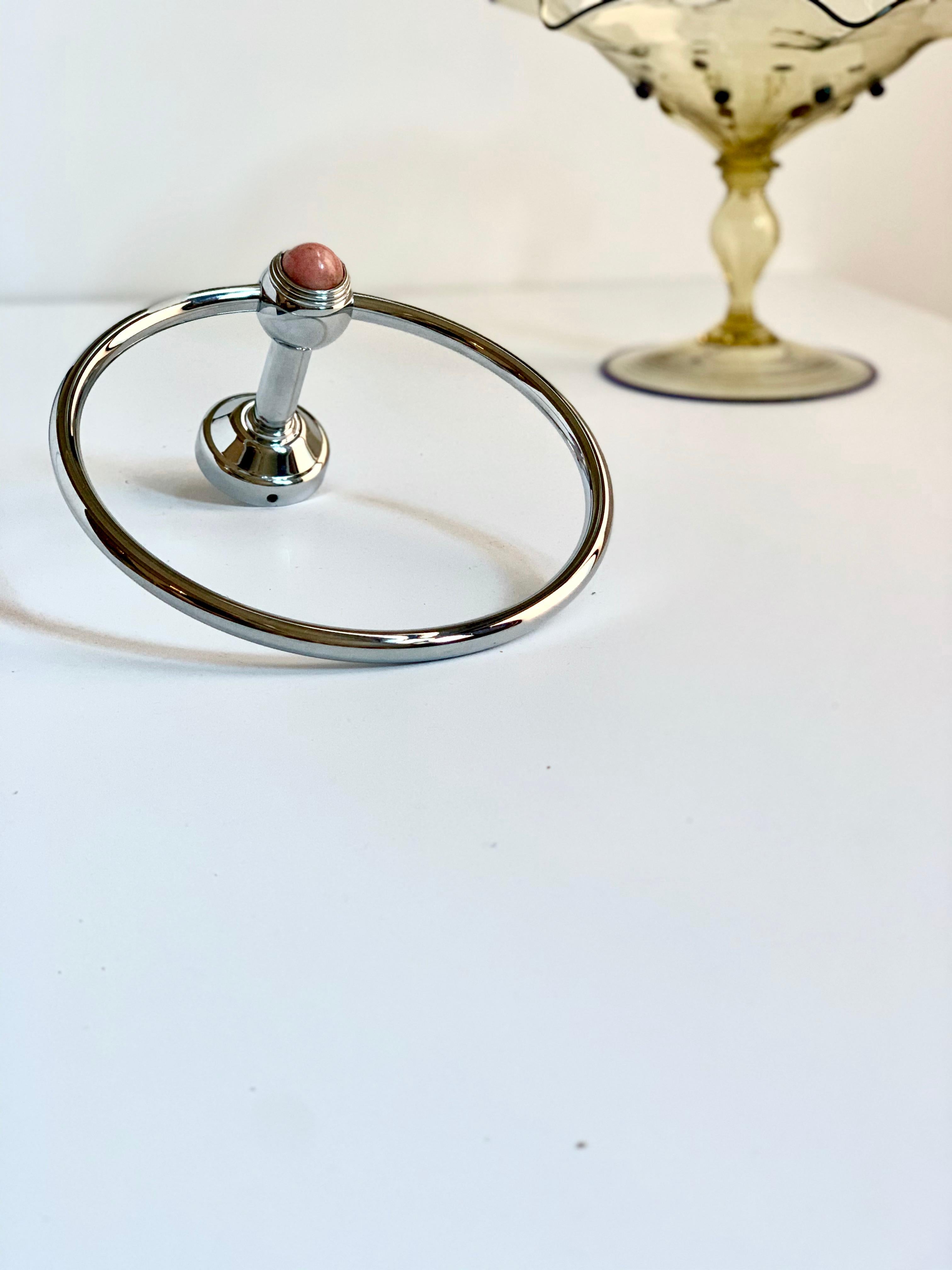 Vintage French Couture Chromed Bronze & Pink Onyx Towel Ring by Serdaneli Paris In Good Condition For Sale In Brooklyn, NY