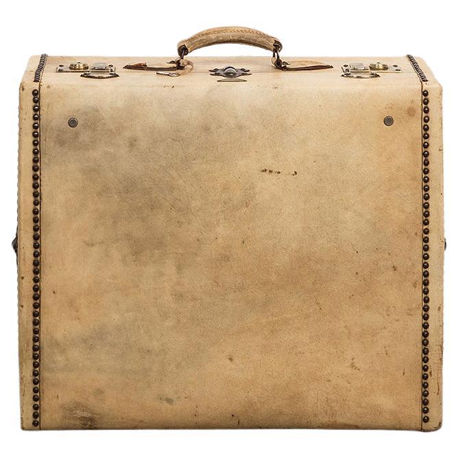 Vintage French Cream Leather or Vellum Lavoët Cube Shaped Suitcase or Valise For Sale