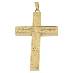 Croix française vintage en or jaune 18 carats avec motifs géométriques