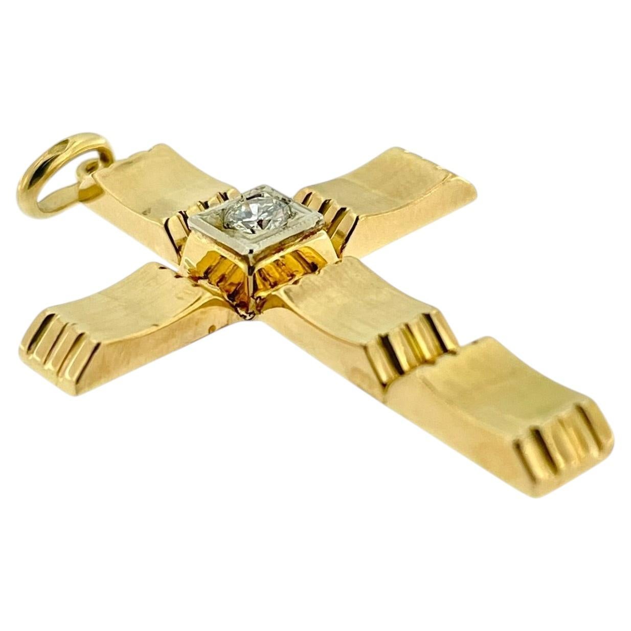 Croce francese vintage in oro giallo e bianco 18kt con diamante