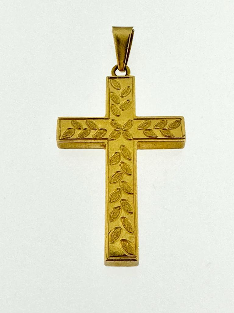 Französisches Kreuz aus 18 Karat Gelbgold mit BlätternMotiven im