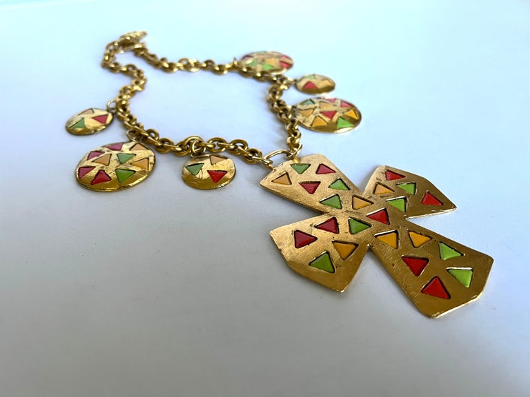 Vintage French Cross Stained Glass Charm Necklace For Sale at 1stDibs
