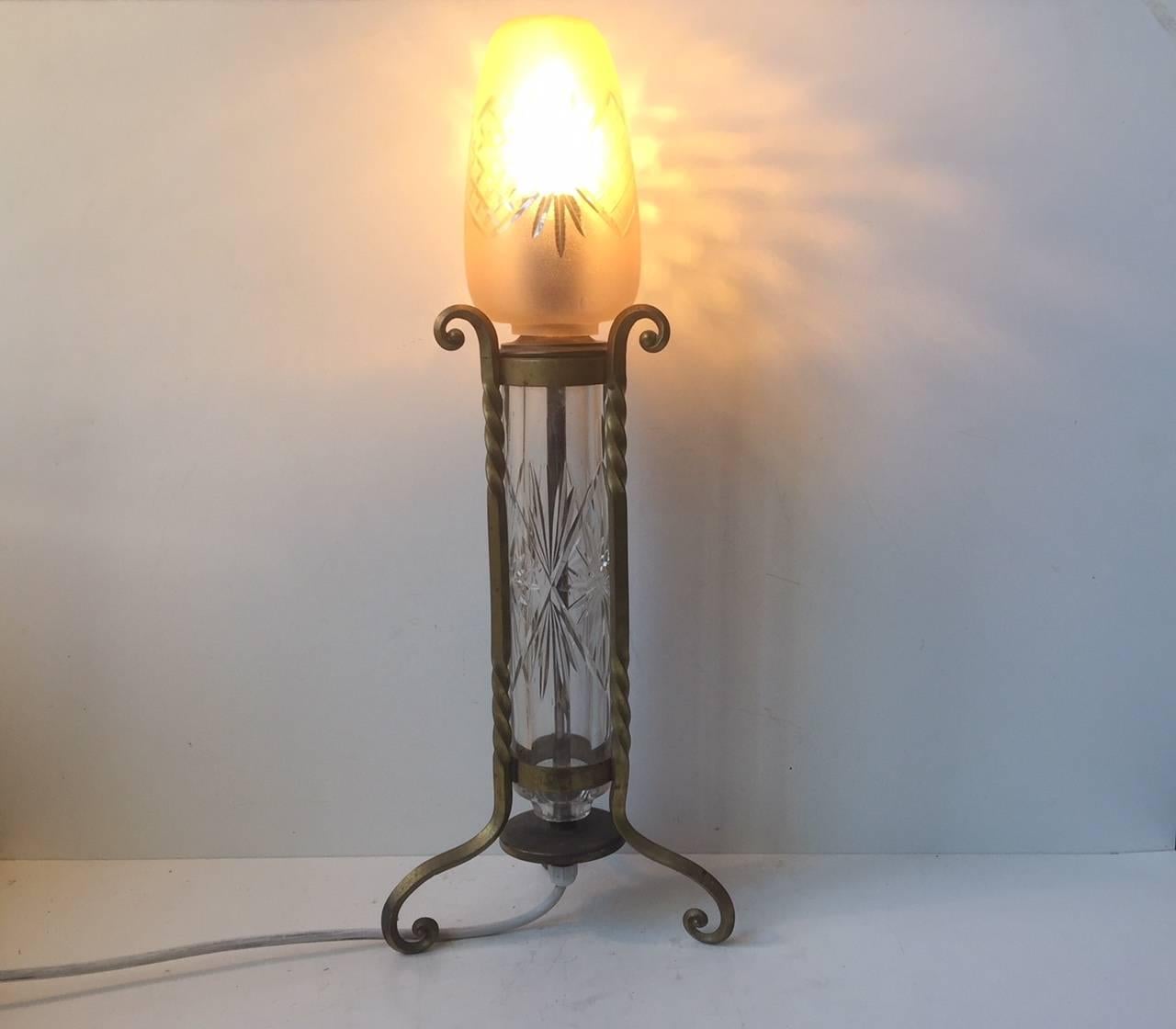 Art Deco Vintage French Crystal and Brass Table Lamp For Sale