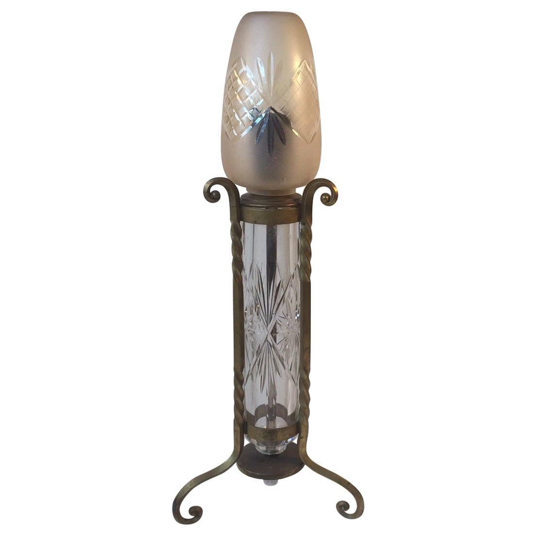 Vintage French Crystal and Brass Table Lamp For Sale