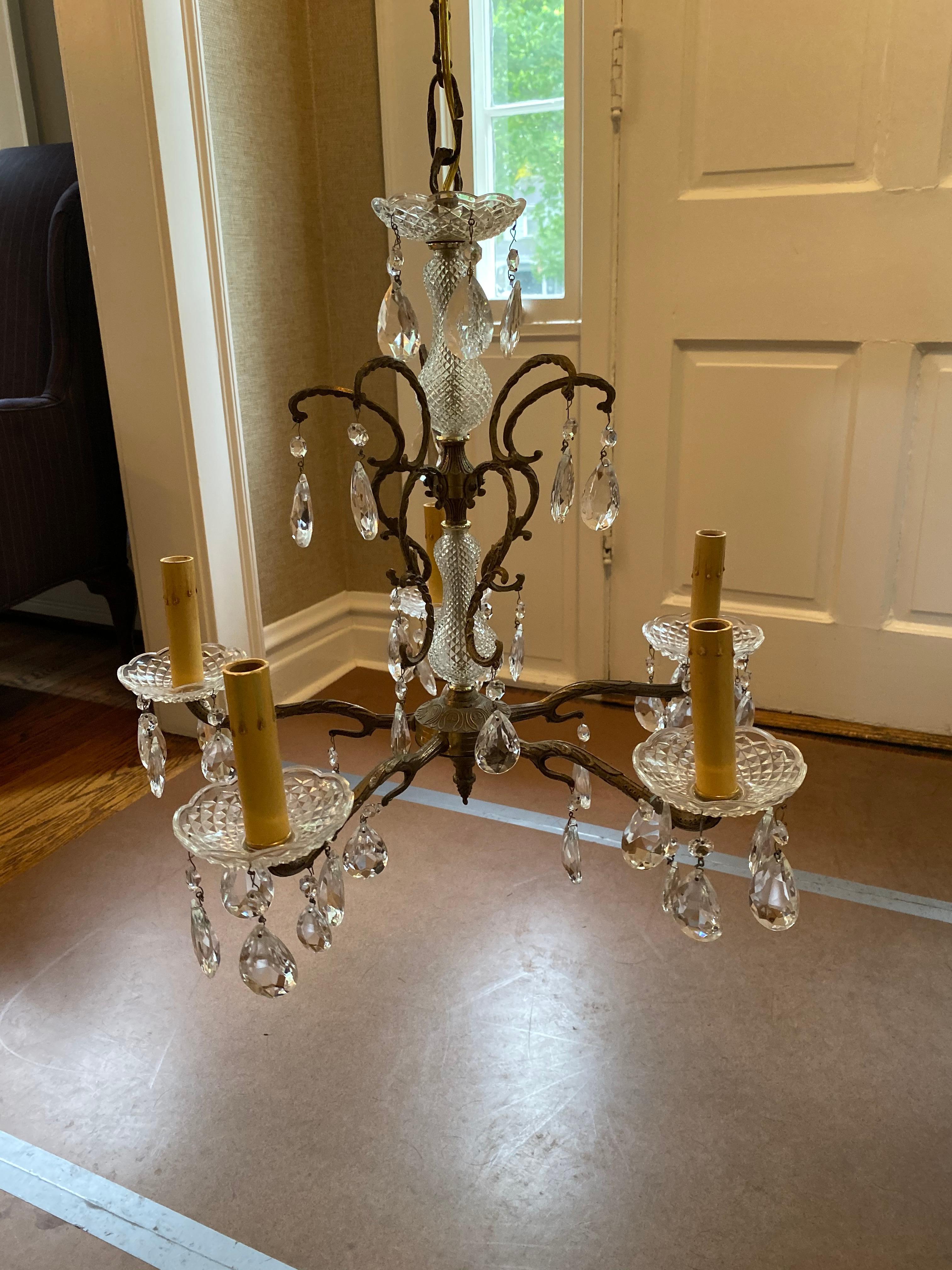 Vintage French Crystal and Bronze Chandelier from Marche Aux Puces, Paris In Good Condition For Sale In Chicago, IL