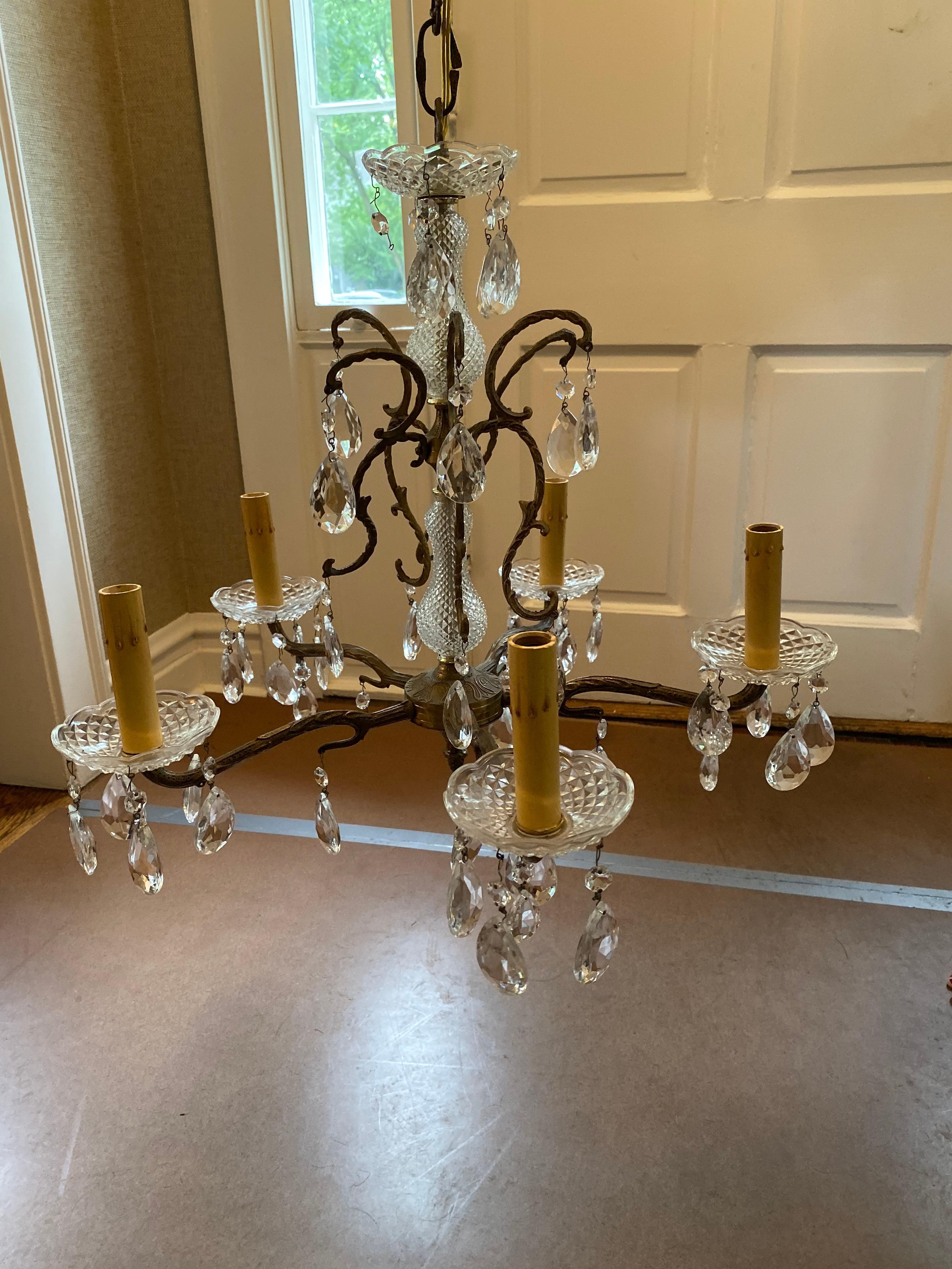 Brass Vintage French Crystal and Bronze Chandelier from Marche Aux Puces, Paris For Sale
