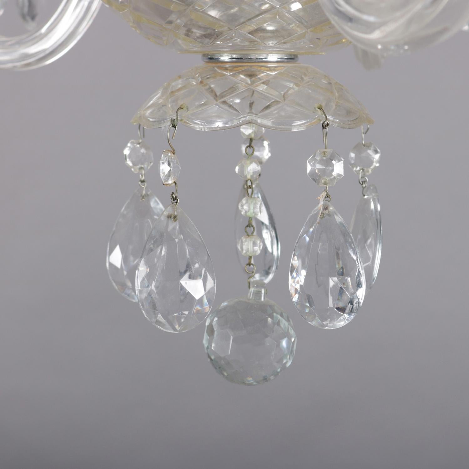 Vintage French Crystal and Chrome 5-Candle Light Chandelier with Etched Shades In Good Condition In Big Flats, NY
