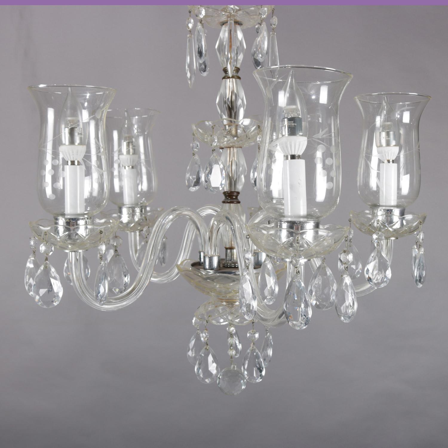 20th Century Vintage French Crystal and Chrome 5-Candle Light Chandelier with Etched Shades