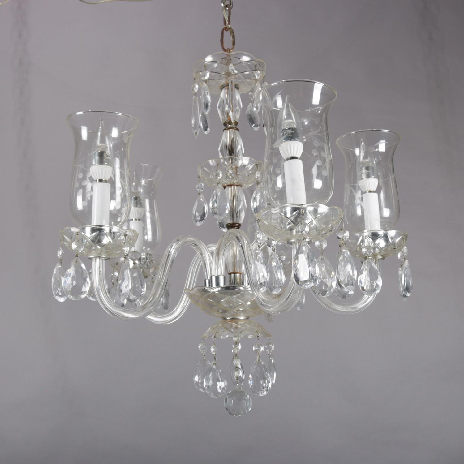 Vintage French Crystal and Chrome 5-Candle Light Chandelier with Etched Shades 1
