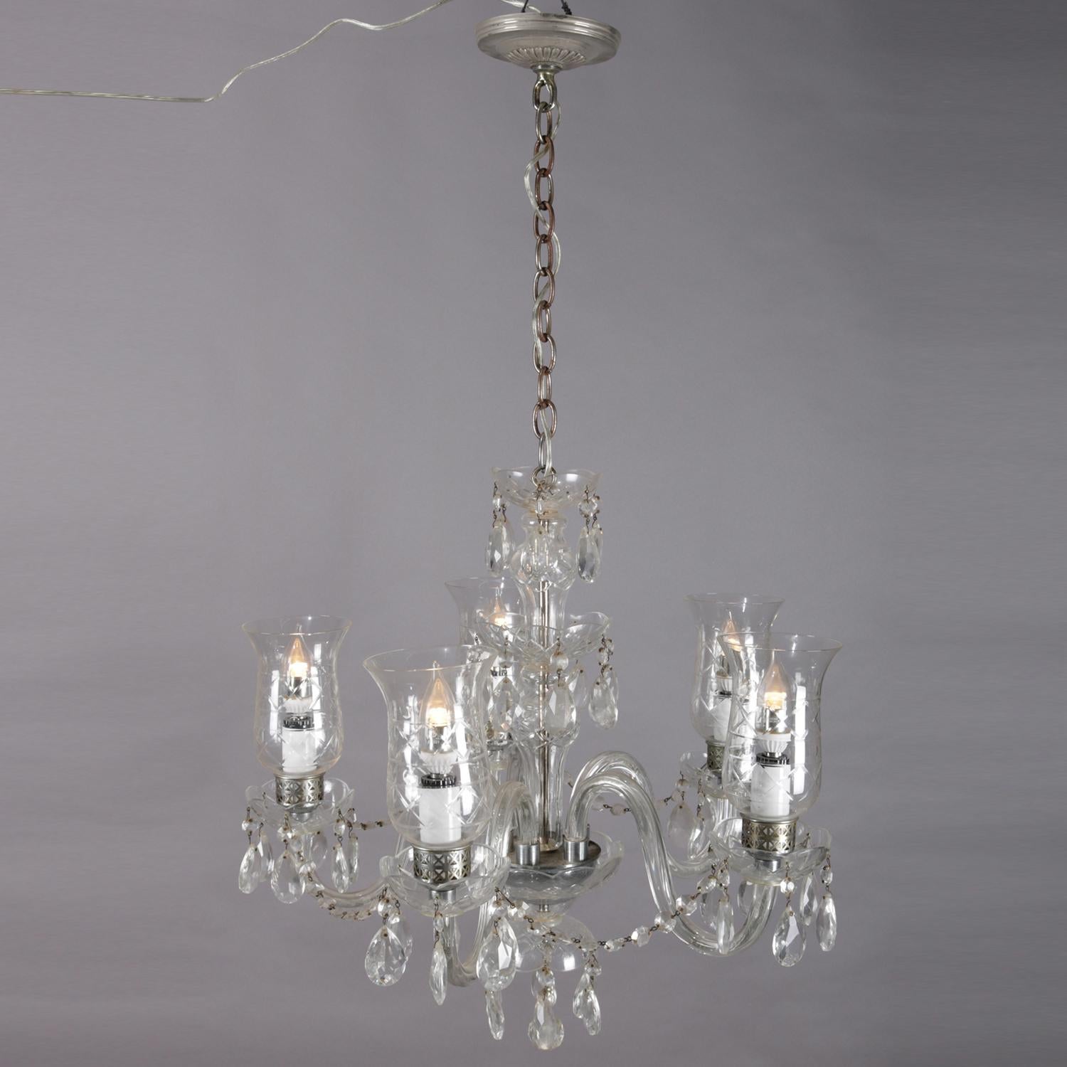 Etched Vintage French Crystal and Chrome 5-Light Chandelier with Cut Glass Shades
