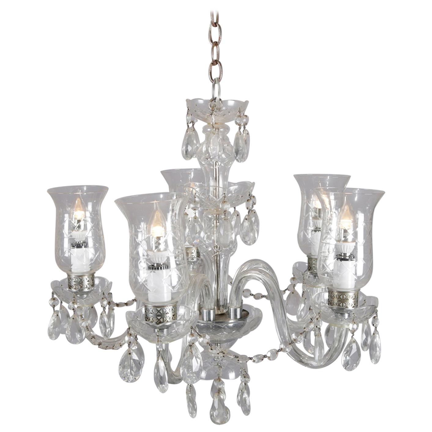 Vintage French Crystal and Chrome 5-Light Chandelier with Cut Glass Shades