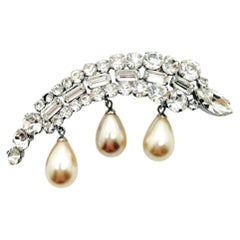Vintage French Crystal & Pearl Droplet Brooch 1950s