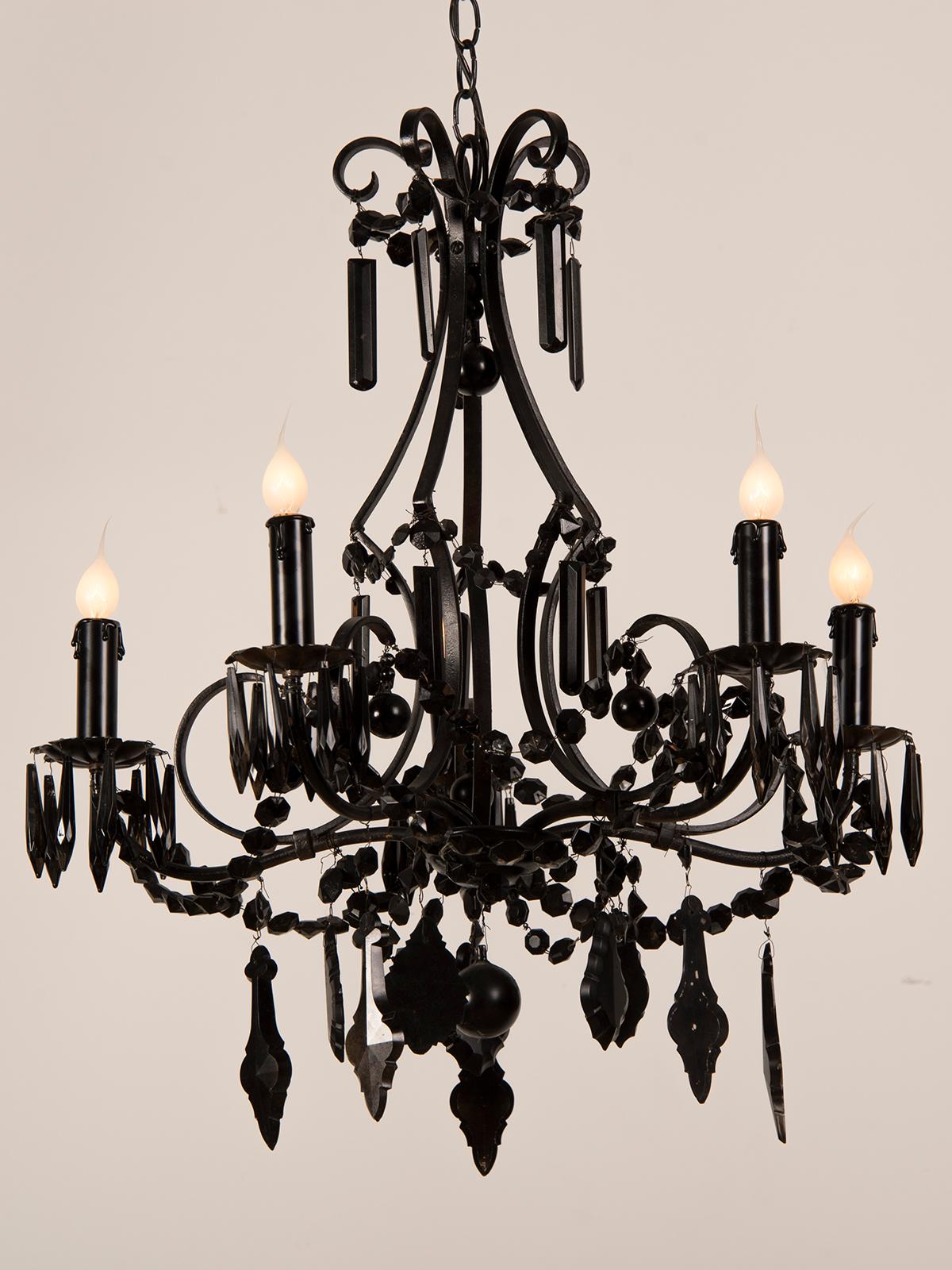 Louis XVI Vintage French Crystal Six-Light Chandelier Painted Black, France, circa 1940 For Sale