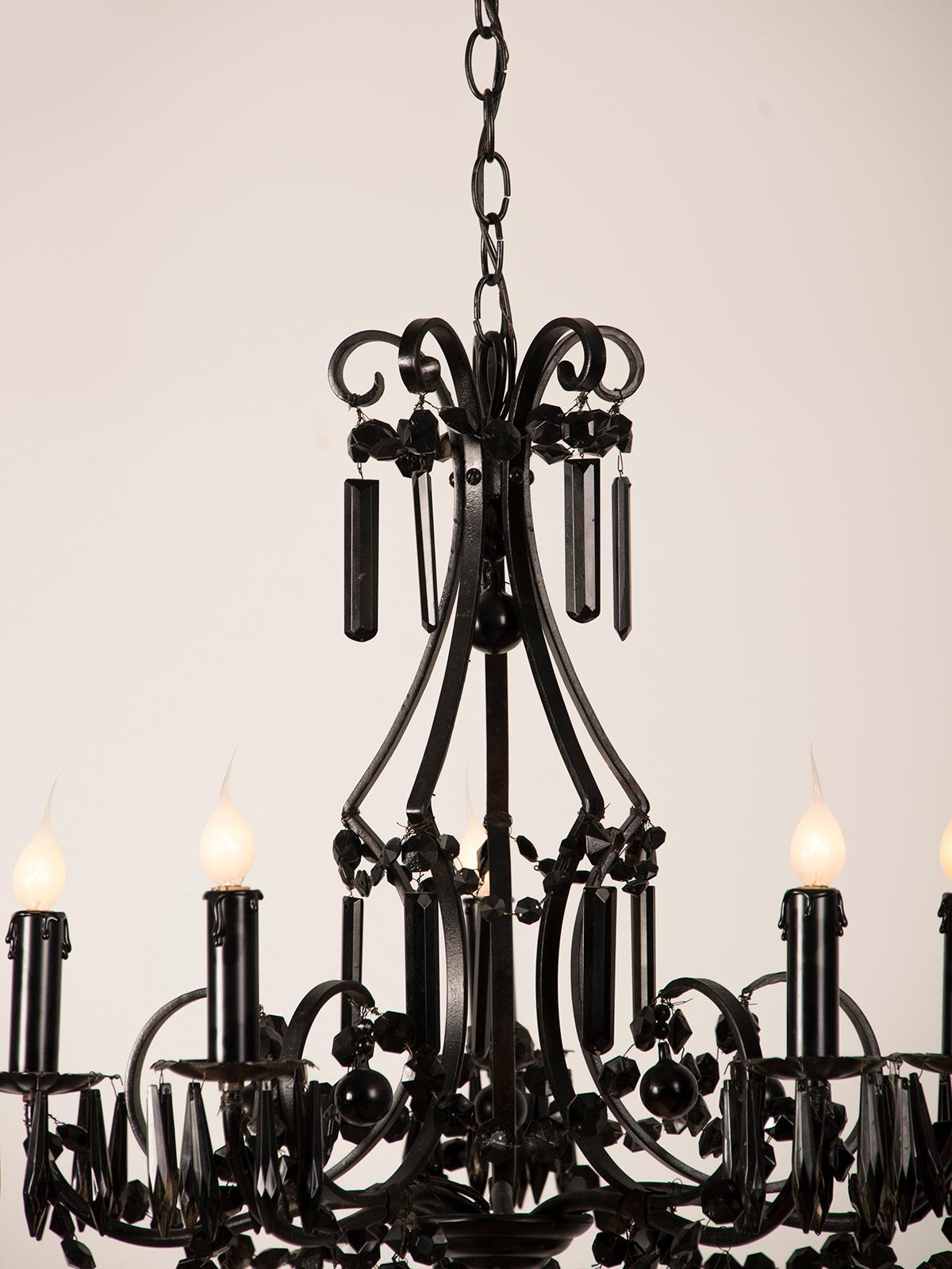 Hand-Painted Vintage French Crystal Six-Light Chandelier Painted Black, France, circa 1940 For Sale