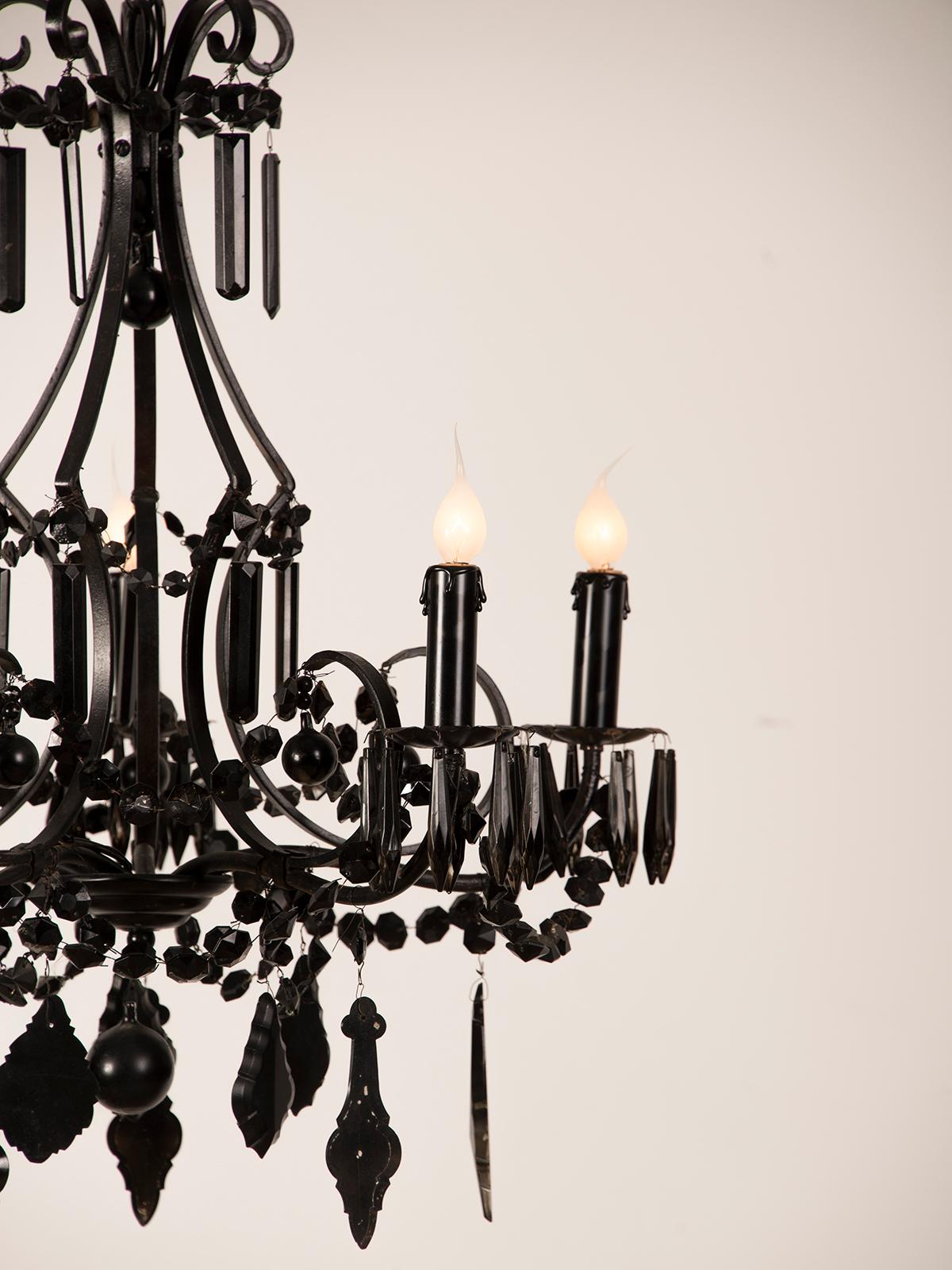 Vintage French Crystal Six-Light Chandelier Painted Black, France, circa 1940 In Good Condition For Sale In Houston, TX