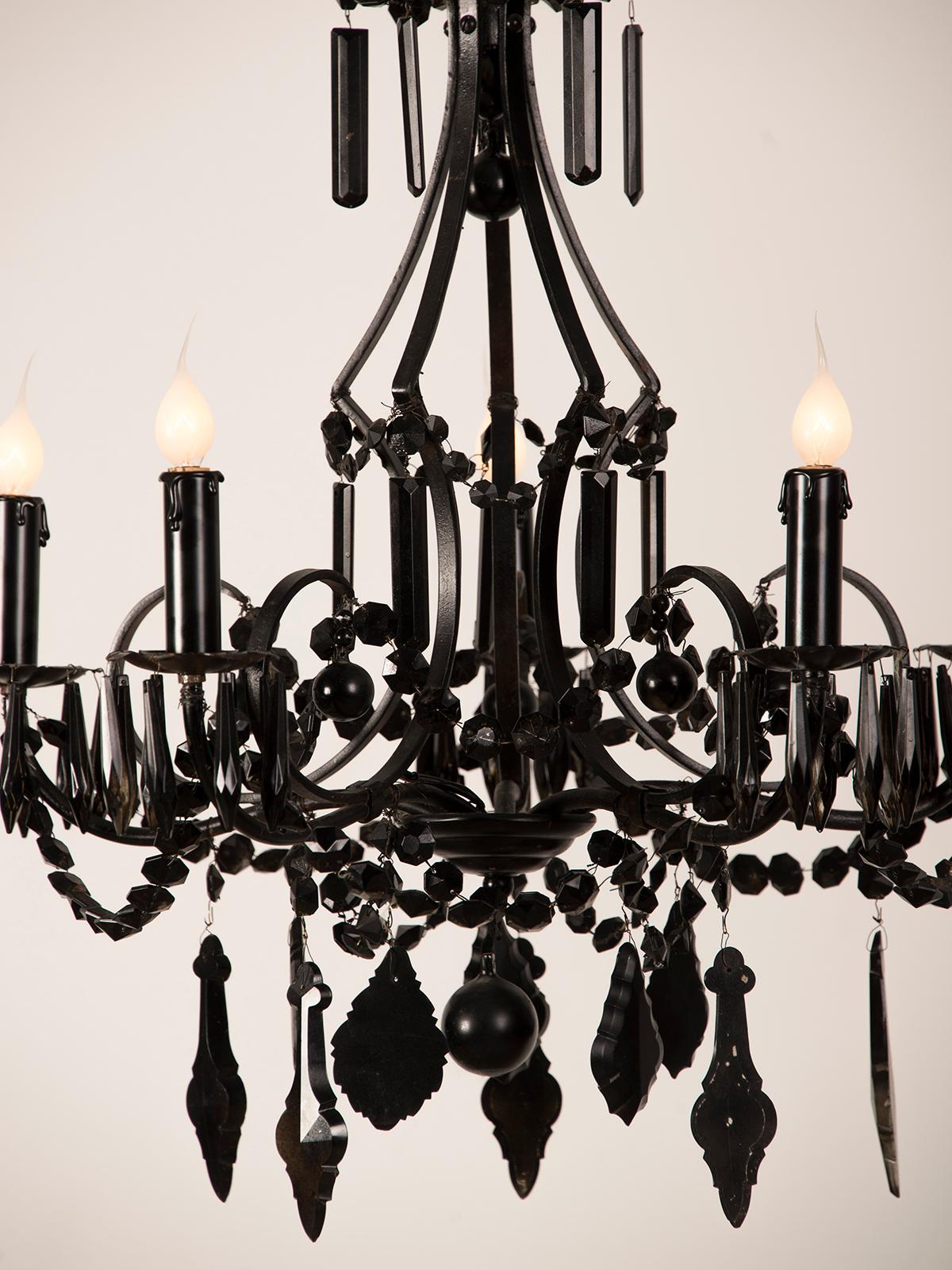 20th Century Vintage French Crystal Six-Light Chandelier Painted Black, France, circa 1940 For Sale