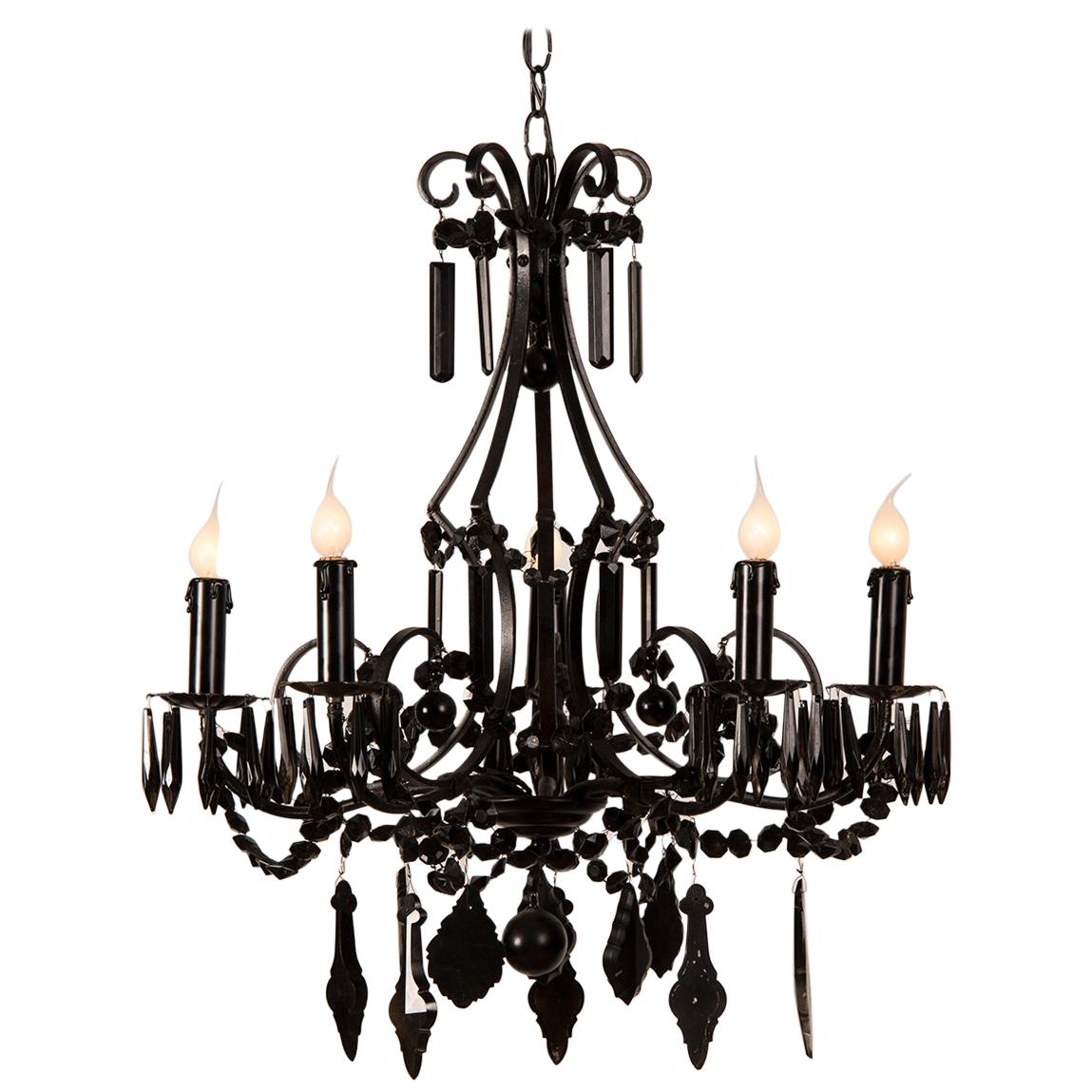 Vintage French Crystal Six-Light Chandelier Painted Black, France, circa 1940 For Sale