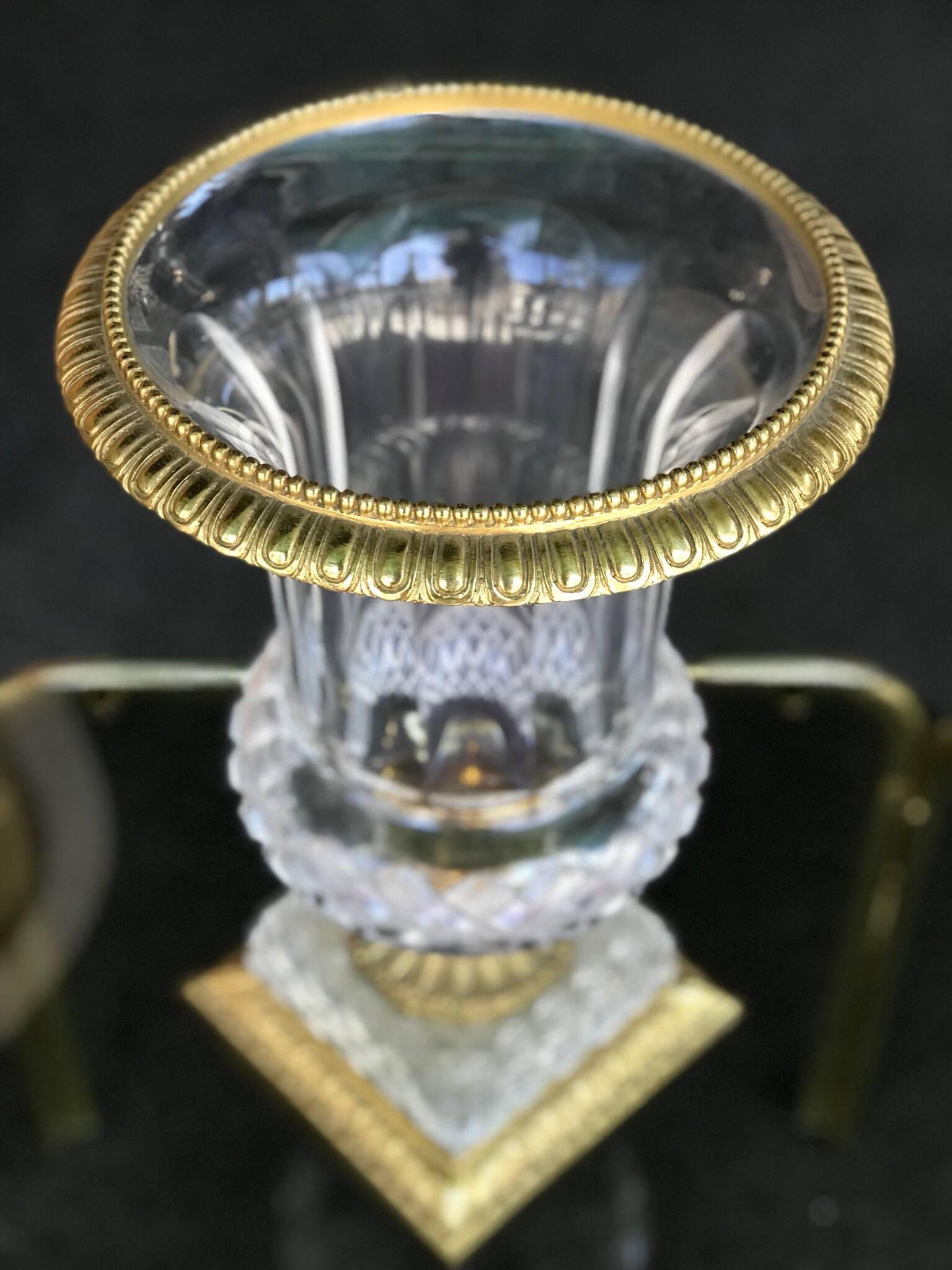 This crystal urn is from the estate of legendary singers/Las Vegas performers Keely Smith and Louis Prima. It was purchased in France by Ms. Smith in the 1960s. Very much in the style of Baccarat. Still retai=ns original price tag on the bottom of