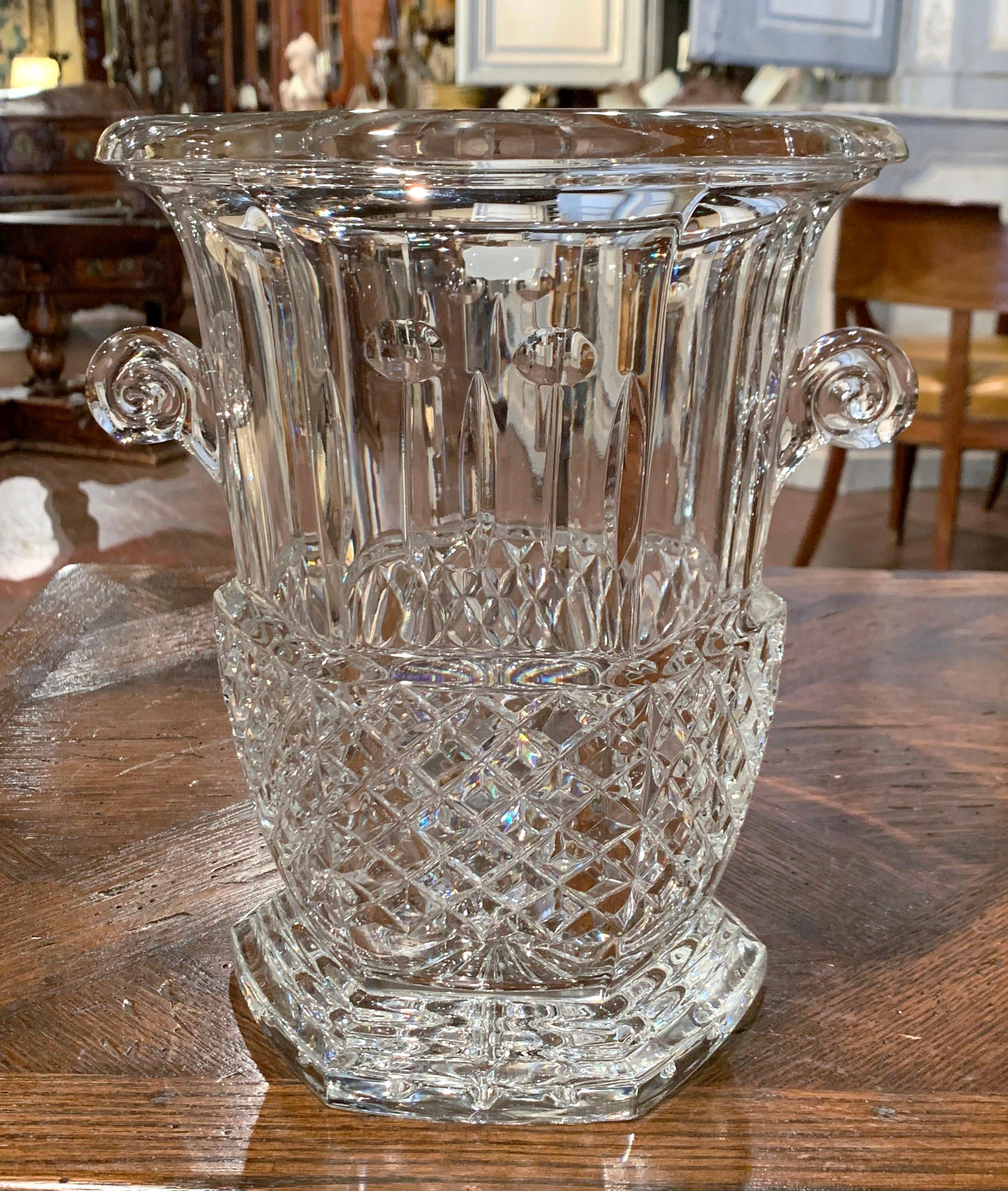 Vintage French Cut Crystal Champagne Ice Bucket with Side Handles In Excellent Condition In Dallas, TX
