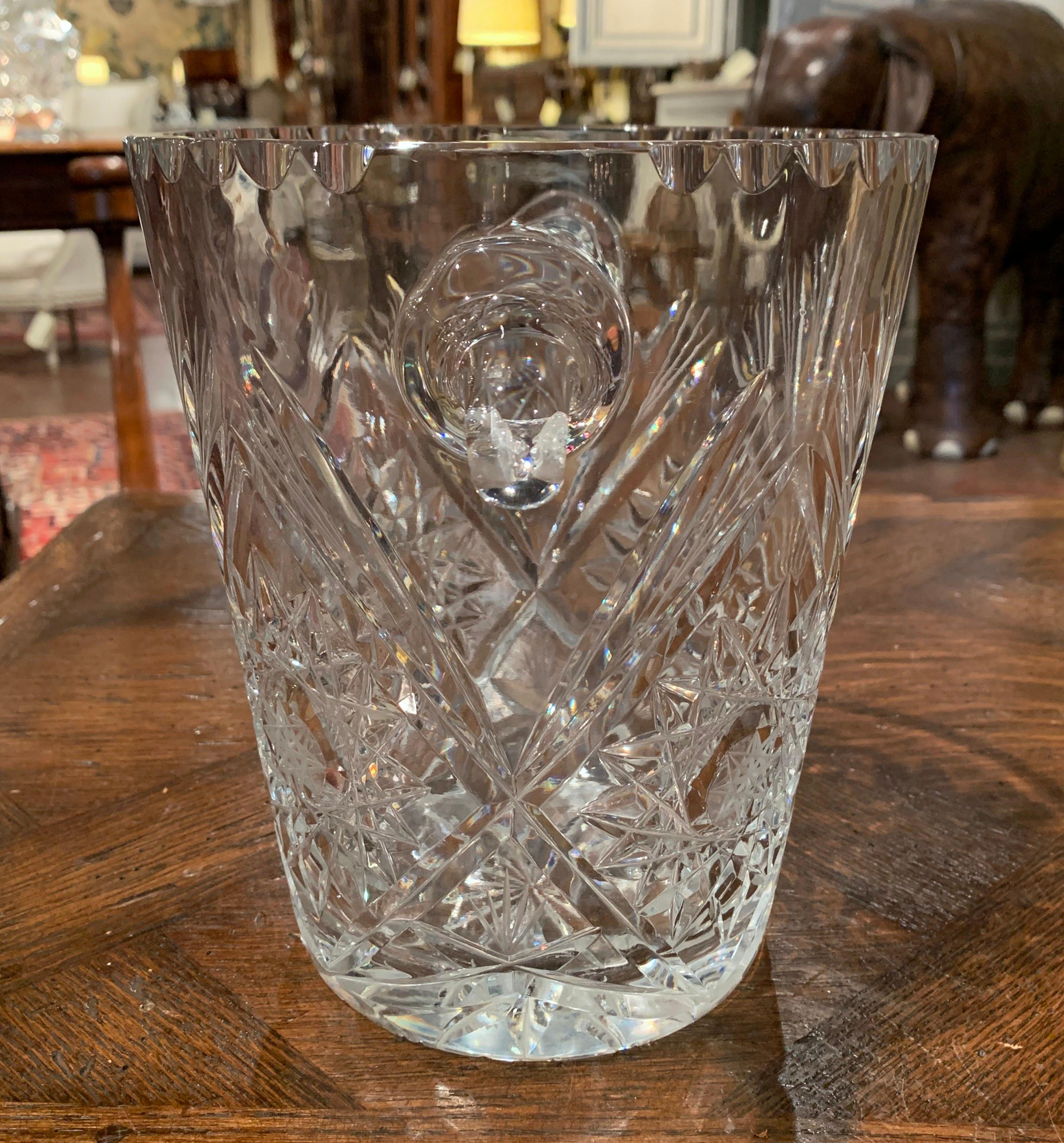 20th Century Vintage French Cut Crystal Ice Bucket with Foliage Decor and Handles