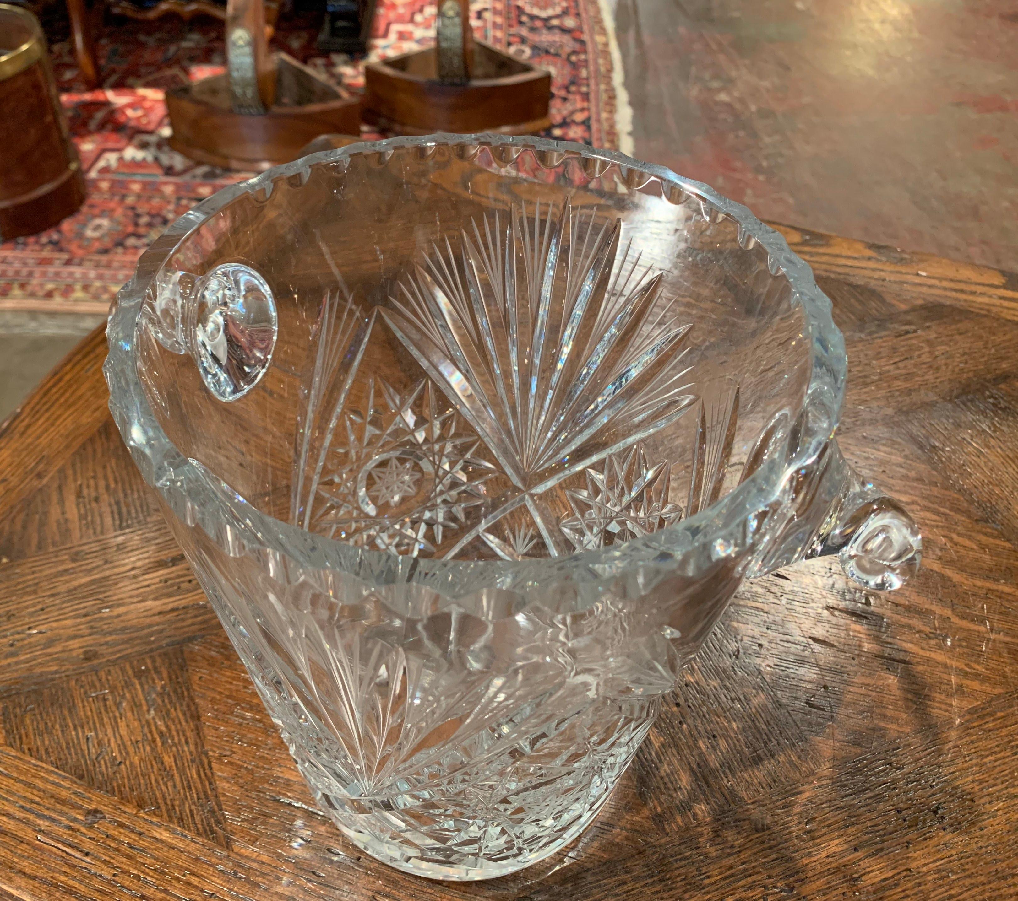 Vintage French Cut Crystal Ice Bucket with Foliage Decor and Handles 2