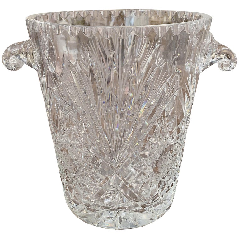 Vintage French Cut Crystal Ice Bucket with Foliage Decor and Handles at 1stDibs