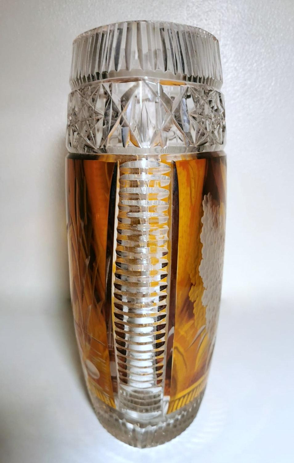 Vintage French Cut Crystal Vase Colored and Stone Ground For Sale at
