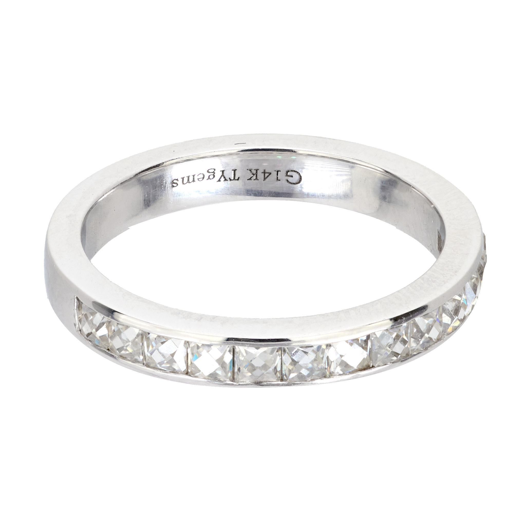 Modern Vintage French cut diamond 14k white gold wedding band For Sale