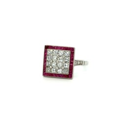 Vintage French Cut Diamond and French Cut Red Ruby Square Design Platinum Ring