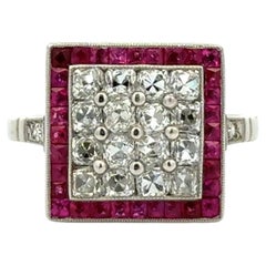 Vintage French Cut Diamond and French Cut Red Ruby Square Design Platinum Ring