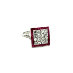 Vintage French Cut Diamond and Red Ruby Square Design Platinum Statement Ring