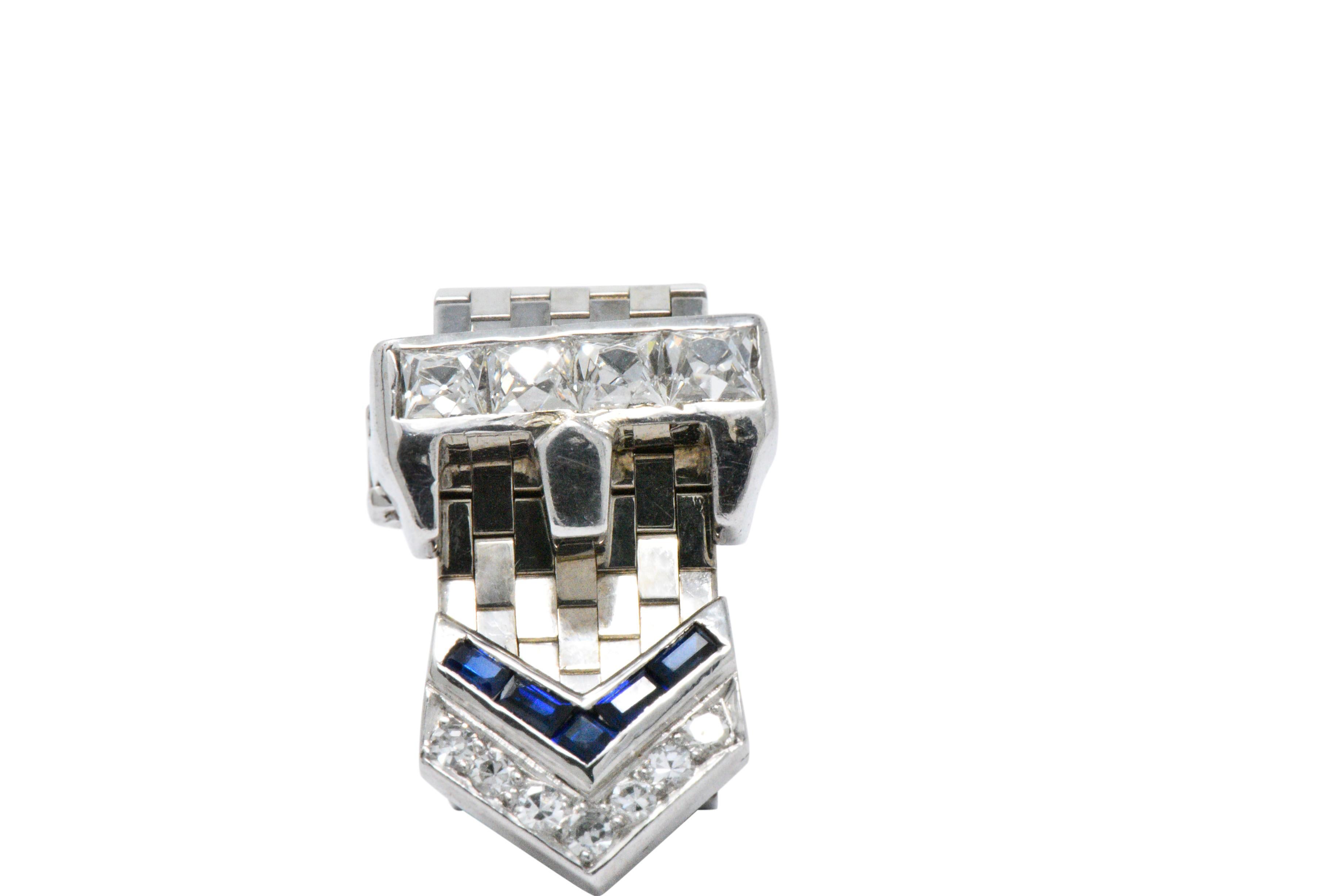 Vintage French Cut Diamond Sapphire and 14 Karat White Gold Belt Buckle Ring In Good Condition In Philadelphia, PA