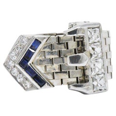 Vintage French Cut Diamond Sapphire and 14 Karat White Gold Belt Buckle Ring